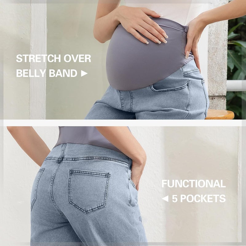 Coukula Women's Maternity Jeans Over Belly, Comfy Stretch Boyfriend Jeans, Loose Pregnancy Pants with Pockets - Image 3